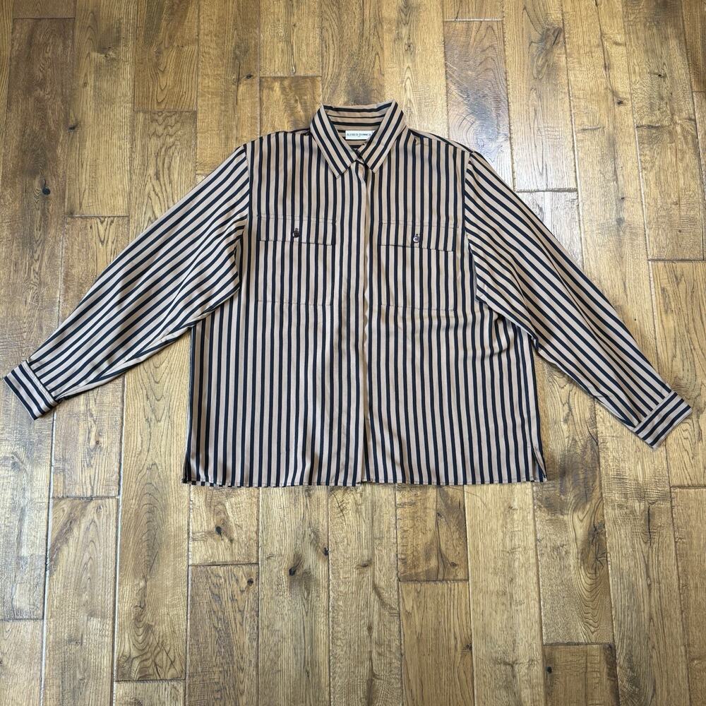 Alfred Dunner Shirt Striped Long Slv Collared Button Down Women Sz 16 Black Tan